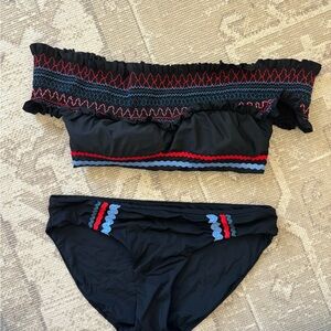 Red Carter Black Smocked Off-Shoulder Bikini with Red & blue ric rac trim